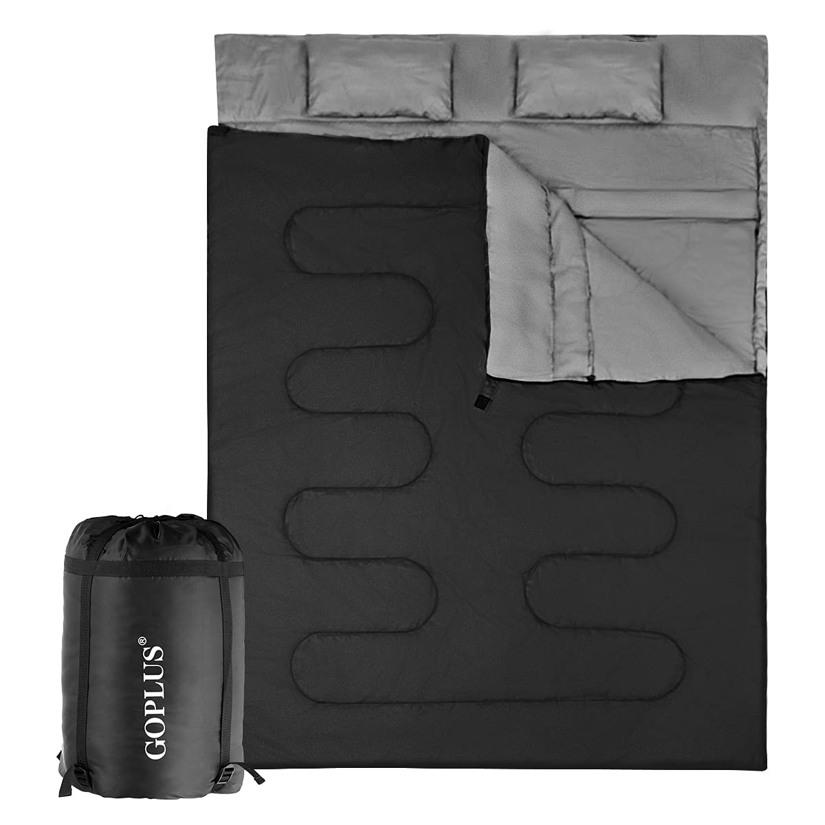 GOPLUS Sac de Couchage Imperméable pour 2 Personnes Détachable avec 2 Oreillers-Un Sac Livré Facilite Le Rangement et Le Transport-Camping,Randonnée, 220X150CM