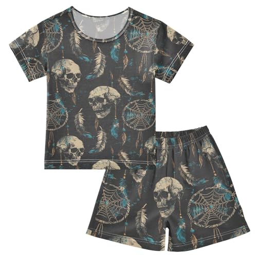 ALAZA Skulls and Dreamcatcher Pajama Set Short Sleeve Sleepwear Soft Lounge Nightwear