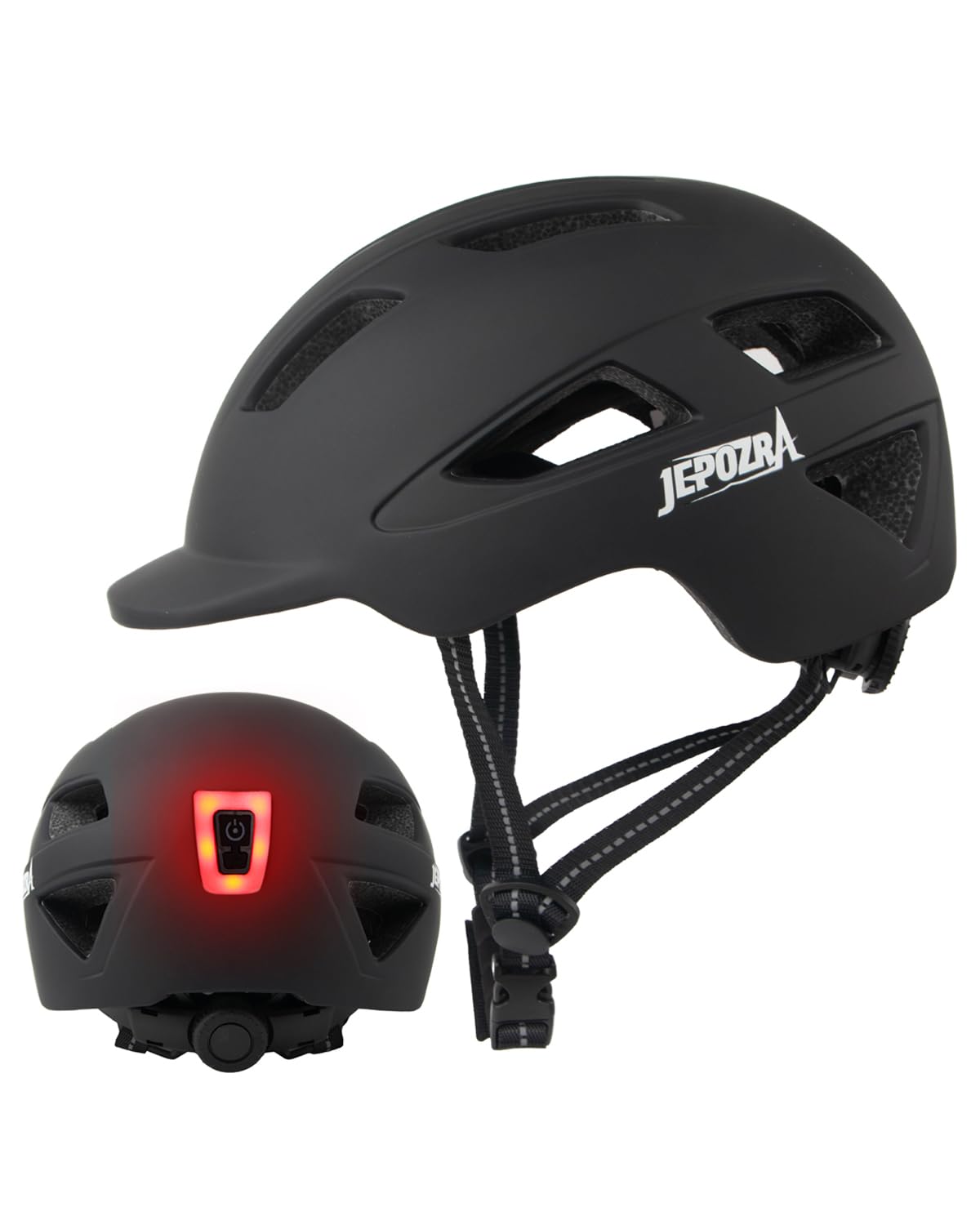 JEPOZRA Bike Helmet Adult with Integrated Taillight Lightweight Adjustable Baseball Cap Style Cycling Helmet for Urban Commuter Road Biking Scooter (Black)