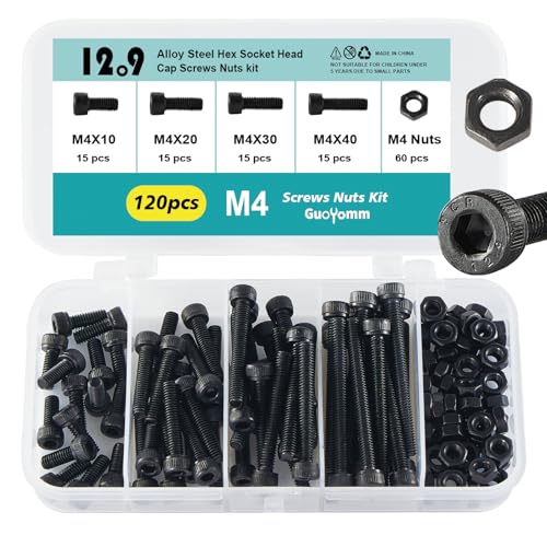 GuoYomm Lot de 120 vis M4 à tête cylindrique à six pans creux, noirs, en acier au carbone 12,9 degrés, longueurs : 10 mm, 20 mm, 30 mm, 40 mm