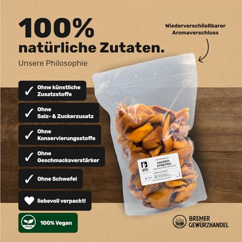 Bremer Gewürzhandel Mango, getrocknet 1 Kg ungeschwefelte Mangostreifen ohne Zuckerzusatz - getrocknete Früchte, Trockenfrüchte, Trockenobst, ungezuckert, dried mango, dried fruit