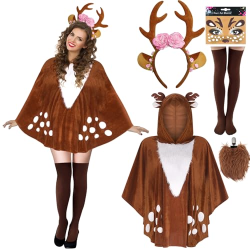 LEACCO Costume de chevreuil pour femme avec bois de cerf, serre-tête, chaussettes de tatouage, costume de renne pour adulte, femme, costume de carnaval, costume de chevreuil, Bambi, poncho pour femme,