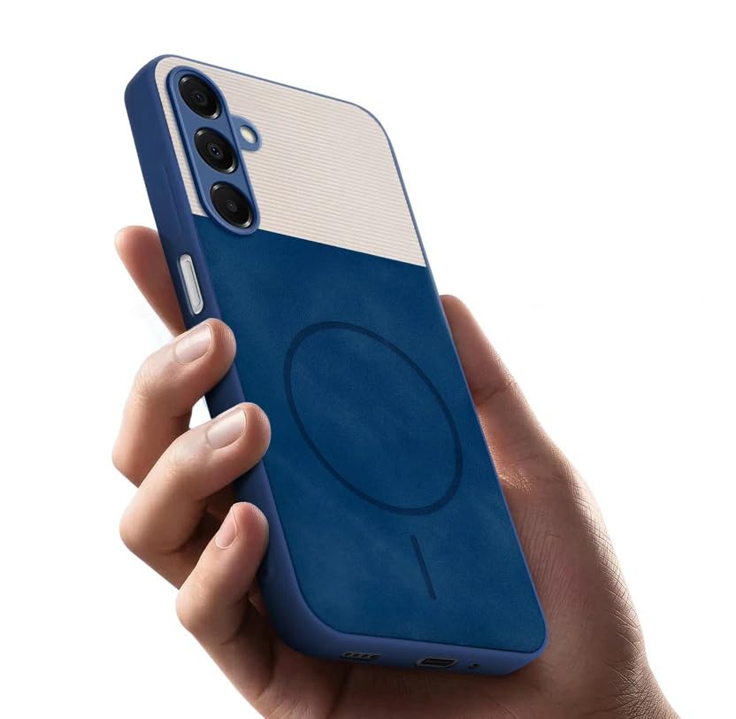 Image of Bintage CASE Mac Safe Design Hard Light Weight Back Case | Soft Border Camera Protect | Dual PU Leather Finish Back Cover Compatible for Samsung Galaxy F15 5G - White & Blue