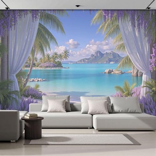 Papier Peint Panoramique 200x140cm, Rideau De Mer De Palmiers Mur Papier Peint, Illustrations Oniriques Décoration Revêtement Mural, Pour Cuisine, Salon,...