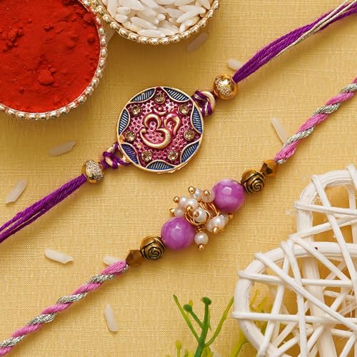 Image of eCraftIndia Floral Kundan Beads Designer Rakhis for Brother and Bhabhi | Bhaiya Bhabhi Rakhi