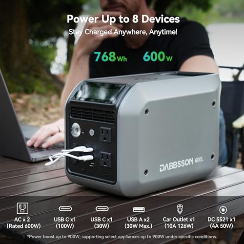 Image of Dabbsson 768Wh Portable Power Station,Solar Generator,Up to 900W AC Output,1.5X Extended Runtime,Recharge 100% in 1.6 Hrs, 600L Semi-Solid LiFePO4,EPS,100W USB-C,for Camping RV Home