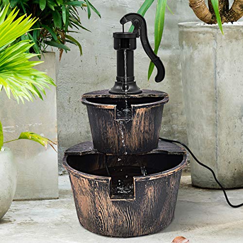 Giantex Water Fountain Outdoor, 2-Tier Barrel Cascading Waterfall Fountain With Electric Pump For Garden Patio Deck Backyard Decor, Rustic Freestanding Water Feature #TOP3