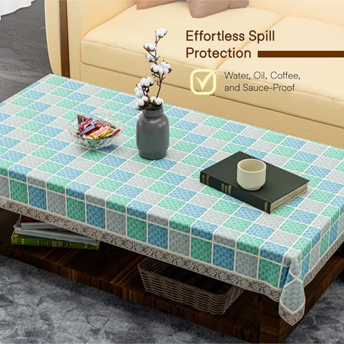 Image of Kuber Industries 40x60 Inch PVC Center Table Cover 4 Seater for Living Room and Home Decor | Waterproof and Anti-Slip Teapoy Cover | Table Protector Sheet | Check - Grey & Blue