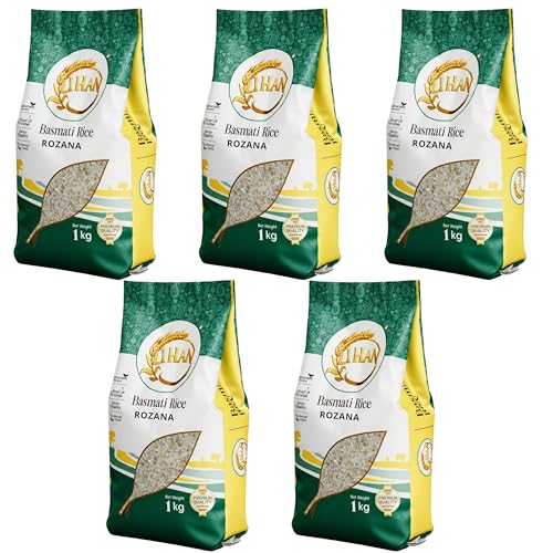 Image of Lihan Rozana Basmati Rice, 5kg - Everyday Basmati with Rich Aroma | Short Grain, Lightly Broken | Ideal for Daily Meals, Khichdi & Pulao1kg (Pack of 5)