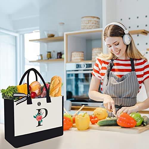 Image of Initial Canvas Tote Bag, Monogrammed Tote Bags Suitable for Mother's Day Wedding Beach