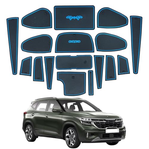 Image of Car Drome | Door Cup Bottle Mat Set for Kia Seltos Facelift 2023 to 2025 | Premium Non Slip Soft Rubber Inserts | Custom Fit 17 Pieces | Blue Trim Interior Car Accessories | Dustproof Washable