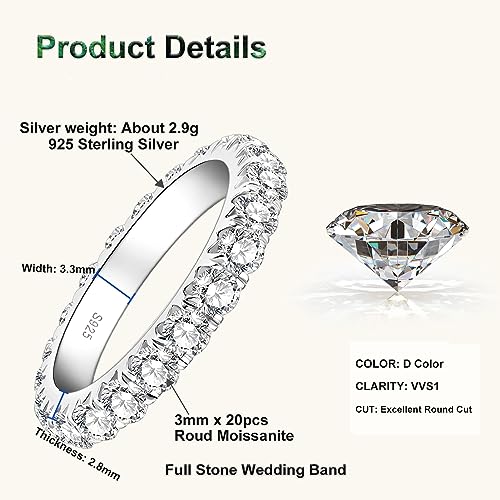 Moissanite Full Eternity Rings Wedding Band, 2.0cttw D Color VVS1 Clarity Promise Ring, 925 Sterling Silver Stackable Ring for Women Mom Wife3