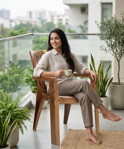 Image of Patiofy Plastic Chair for Home & Outdoor Use | Heavy Duty Comfortable Chair with Strong Legs | Stackable, Easy to Clean | Suitable for Living Room, Balcony, Patio Pack of 1 (Spino Sandalwood)