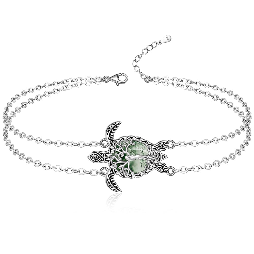 Cavigliera tartaruga in agata muschio, albero della vita, tartaruga, cavigliera da donna, in argento Sterling, oceano, spiaggia, mare hawaiano, gioielli regalo