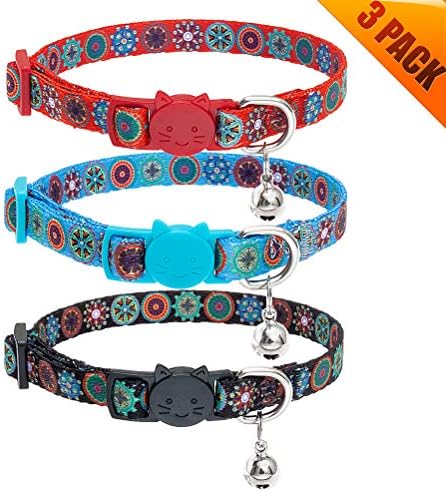 KOOLTAIL 3 Pack Breakaway Cat Collar with Bell - Adjustable Safety Geometric Pattern Pet Collars for Cats Kittens Puppies