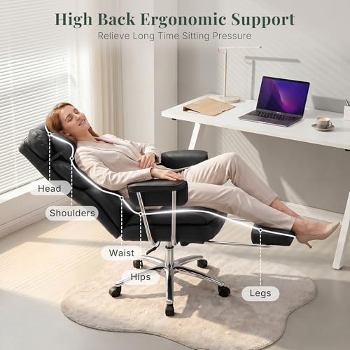 Image of Executive Ergonomic Office Chair, PU Leather High Back Reclining Office Chair with Footrest and Lumbar Support, Height Adjustable Rolling Swivel Computer Chair for Home Office,Black