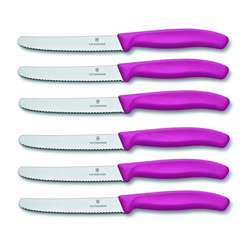 Victorinox Swiss Round Stainless Steel 4.5 Inch Steak Knife with Pink Fibrox Handle, Set of 6