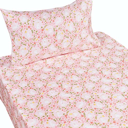 Image of Scientific Sleep Pink Flower Rabbit Bunny 100% Cotton 3 Pcs Twin Bed Sheet Set Kids Toddler Teen, Flat Sheet & Fitted Sheet & Pillowcase Kids Bedding Set (Rabbit Flower, Twin)