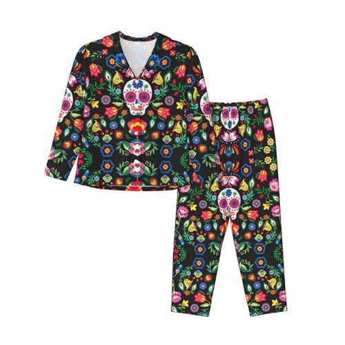 Pyjama à manches longues femme imprimé crânes et fleurs pour vos soirées cocooning Noir XXL