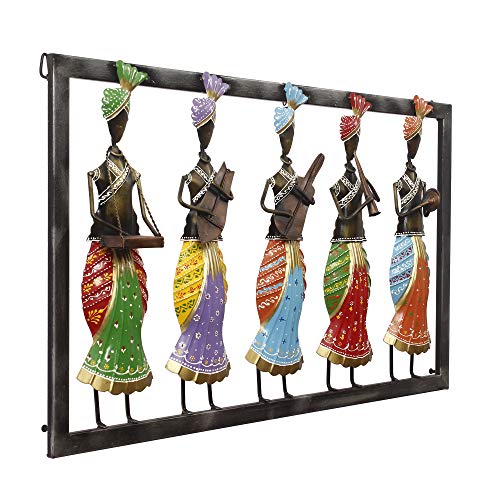 Image of Ecraftindia Set of 5 Tribal Women Playing Different Musical Instruments Colorful Decorative Iron Wall Hanging, Orange, Blue, Green, Brown and Purple, One Size (Irlady506)