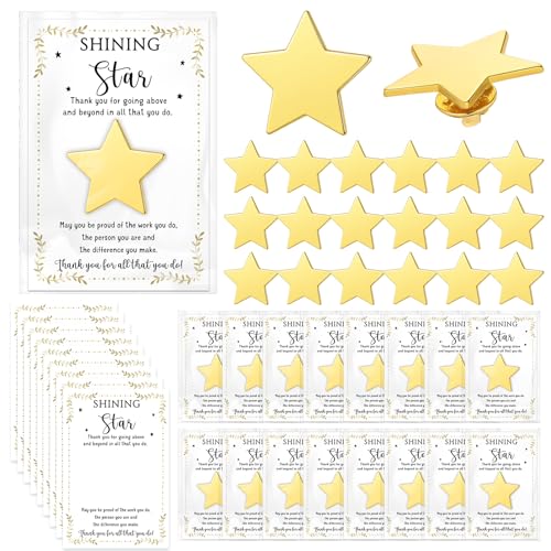 Golden Star Pins Gift Badge Lapel Pins with Inspirational Greeting Cards and Bag Thank You Gifts for Nurse Student Teacher Employee Team Volunteer