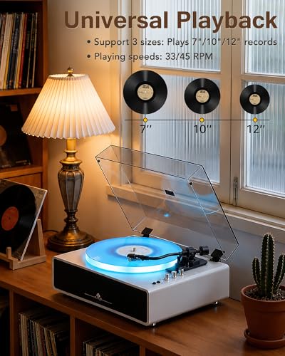 Image of Record Player with Built-in Four Stereo Speakers, Three LED Lighting Modes, AT-3600L Cartridge, All-in-one Vinyl Record Player Support Bluetooth Playback Auto Stop 33&45 RPM Speed RCA Out AUX in White