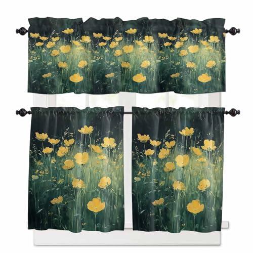 Spring Floral Kitchen Curtains 36 Inch Length,3 Piece Rod Pocket Small Half Tiers and Valance Set,Modern Oil Painting Yellow Botanical Green Small Large Window Treatment Decor for Bedroom/Bathroom