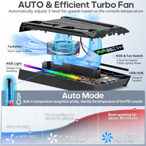Image of Tokluck PA5 /Slim /Pro Cooling Station with Auto Turbofan & 3-Level Speed, PA 5 Vertical Stand Cooling Fan Station with Controller Charger, Accessories Base Cooler Docking Station, Black