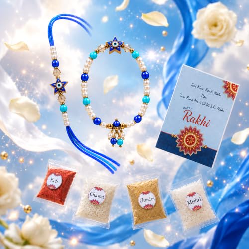 Image of Divayanshi Bhaiya Bhabhi Rakhi Set with Designer Lumba | Handmade Pearl Beads Thread for Brother & Sister-in-Law | Premium Raksha Bandhan Gift with Display Card