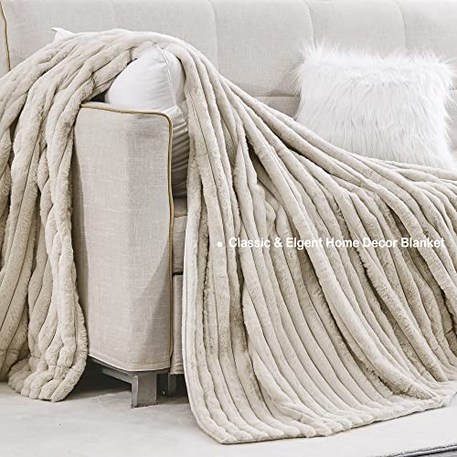 Softan Faux Fur Blanket, Soft Fuzzy Fluffy Striped Fleece Throw Blanket For Couch Sofa Living Room, Beige Furry Throw Blanket, Cream White Fur Throws - 50"X 60" #TOP3