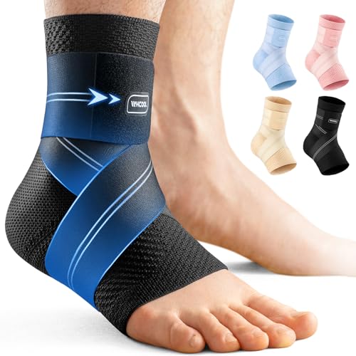 WHCOOL Flat Knitting Ankle Brace For Women&Men, 7-Zone Dynamic Compression Sleeve w/Flex Strap,Foot Support For Sports,Sprained Ankle, Achilles Tendonitis, Plantar Fasciitis Relief(Pack of1)XXL, Black