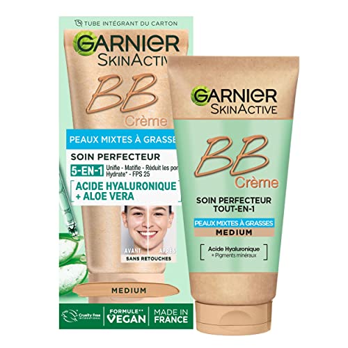 GARNIER Skin Active - BB Crème - Soin Perfecteur Tout-En-1 - Unifie, Matifie & Hydrate - FPS 25 - Acide Hyaluronique & Aloe Vera - Vegan & Cruelty Free -...