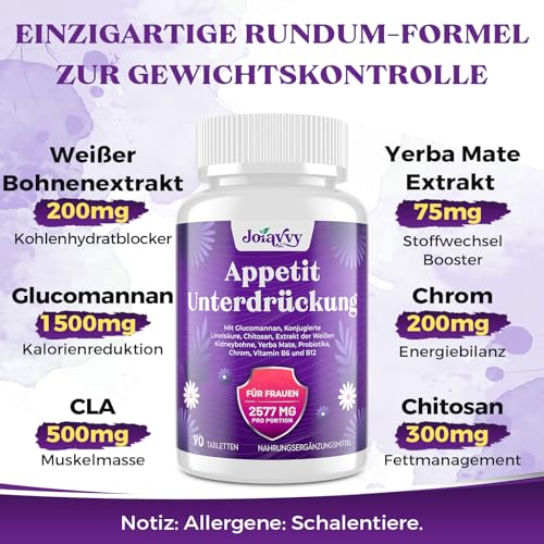 Appetitzügler für Frauen 2577mg, Hochdosiert Glucomannan aus der Konjak Wurzel, Natürliche 9-in-1 Formel, Optimiert mit Chrom, Grüntee Extrakt, Vitamin B12, Natürliche, Keto (180 Tabletten)