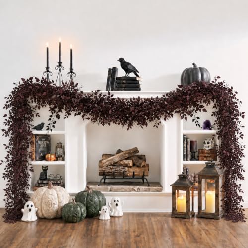 Image of Neutral Fall Garland for Mantle Fireplace - 12 Ft Plum Cimicifuga Seeded Leaf Garlands Purple Autumn Decor Table Decorations for Home Indoor Door Halloween Realistic Leaves Garlands Outdoor