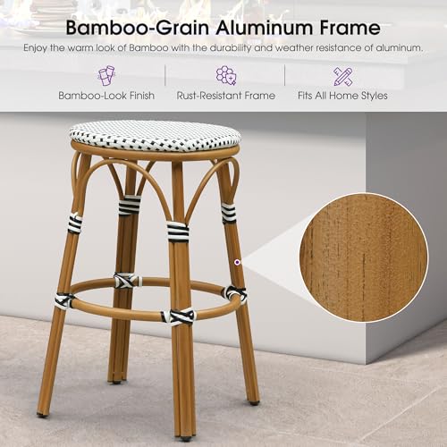 Image of PURPLE LEAF Outdoor French Round Bar Stool Set of 2 Oversized 30 inch Armless Stackable Rattan Barstools Bamboo Print Aluminum Frame with Woven Wicker for Patio Island Cafe White and Black