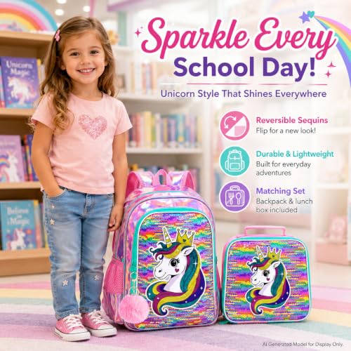 Image of CCJPX 3Pcs Unicorn Backpack for Girls, 16 inch Kids Sequin Bookbag with Lunch Box, Water Resistant Elementary School Bag for Kindergarten Preschool Toddler (Rainbow)