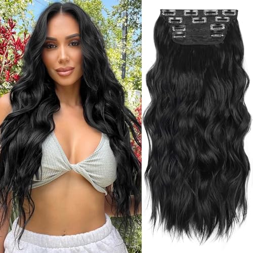 ALXNAN Clip in Long Wavy Synthetic Hair Extension 24 Inch Black 4PCS Thick Hairpieces Fiber Double Weft Hair for Women - Image 3