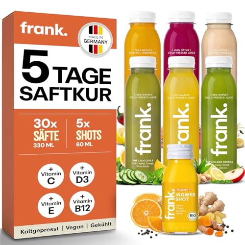 Frank Juice Saftkur 5 Tage | 30 x 330ml Säfte + 5 x 60ml Bio Ingwer shot | Direktsaft kaltgepresst Vegan | ideale Fastenkur aus frischem Obst & Gemüse | Premium Qualität (inkl. 7,50€ Einweg-Pfand)