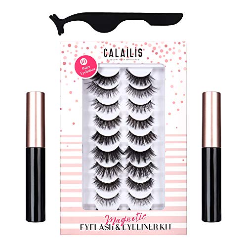 CALAILIS Magnetic Eyeliner and Eyelashes Kit, for Magnetic Lashes Set, Waterproof Liquid Eye Liner, 3D Faux Mink Eye Lashes False Eyelashes Reusable Lashes, Free Applicator，Mix Style 10 pairs CY04