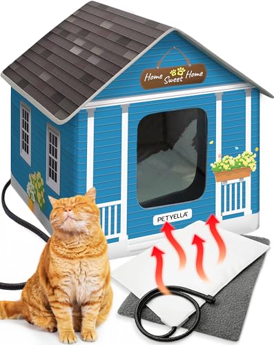 Deluxe Heated Cat House for Winter - Weatherproof, Insulated, Easy Assembly, Cat Heating Pad, Dual Escape Doors, Outdoor & Indoor Cat House - Blue Tiles Pethouse