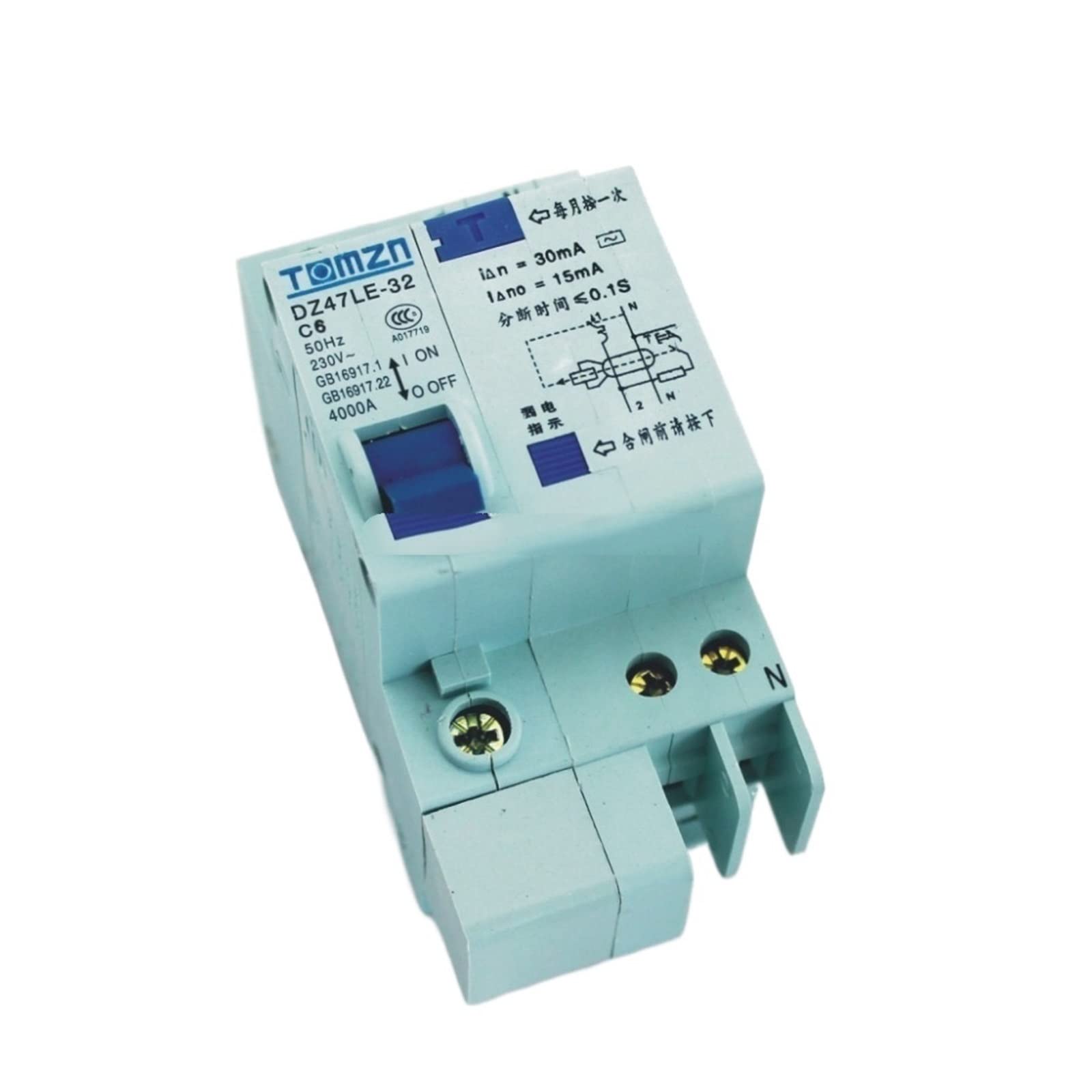 YFHGULBTK DZ47LE 1P+N 6A C Type 230V~ 50HZ/60HZ Residual Current Circuit Breaker with Over and Leakage Protection