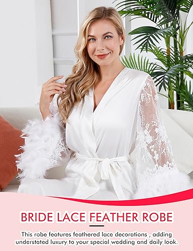 Image of EPLAZA Bride Robe Wedding Day Embroidery Feather Lace Bridal Party Robes