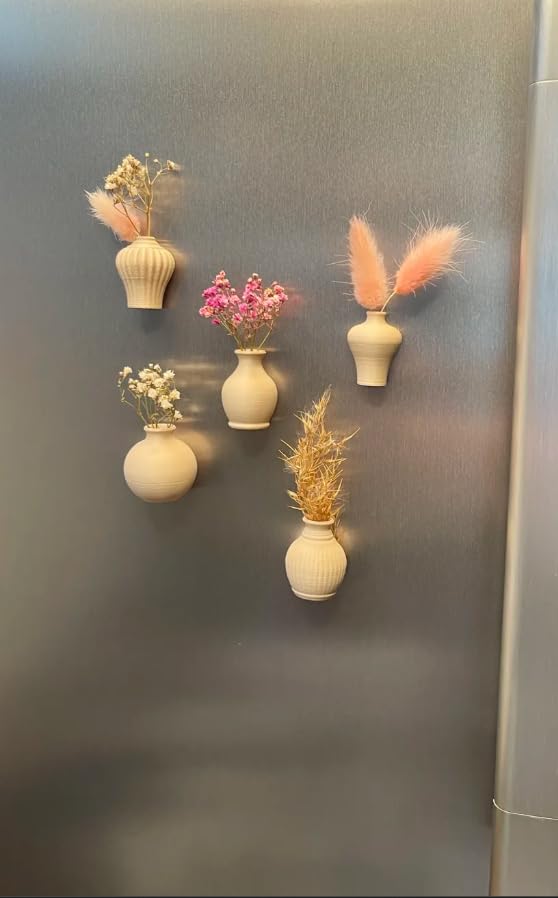 Refrigerator Magnets Mini Vases Set of 5, 3D Printed Neutral | Magnetic Wall Mount, No Drilling Needed, Dried Flower Display, Multiple Vase Shapes, Kitchen & Office Decor-image-18