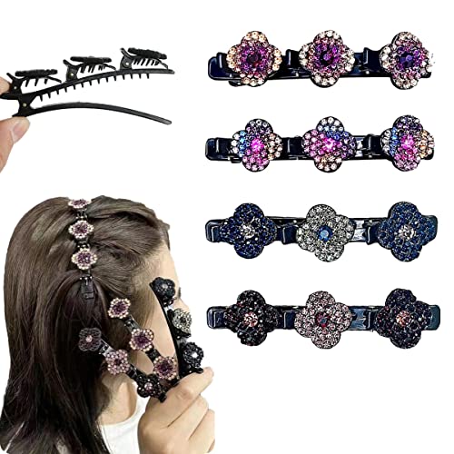 Braided Hair Clips for Women, Sparkling Crystal Stone Braided Hair Clips, Triple Hair Clip Barrette, Barrette with 3 Clips on Top, Nice Featuring Hair Clip for Women Girls (4pcs)