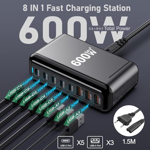 USB C Charger Block 600W 8 Port GaN Fast Charging Station Hub for Laptop, iPad, iPhone 17 Pro Max Fast Charger Pixel DELL MacBook Pro/Air Galaxy S25 Steam Deck USB C 140W Adapter for Android - Afbeelding 3