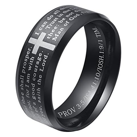 ALEXTINA Men's 8MM Stainless Steel Bible Verse Christian Cross Lord's Prayer Ring Black Size N 1/2 Cover