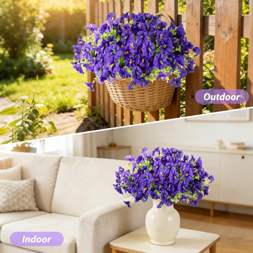 Image of 12 Bundles Artificial Flowers for Outdoors, Faux Silk Morning Glory(Purple) | Artificial Flowers UV Resistant Fake Eucalyptus Plants for Spring Summer Garden Patio Home Decor