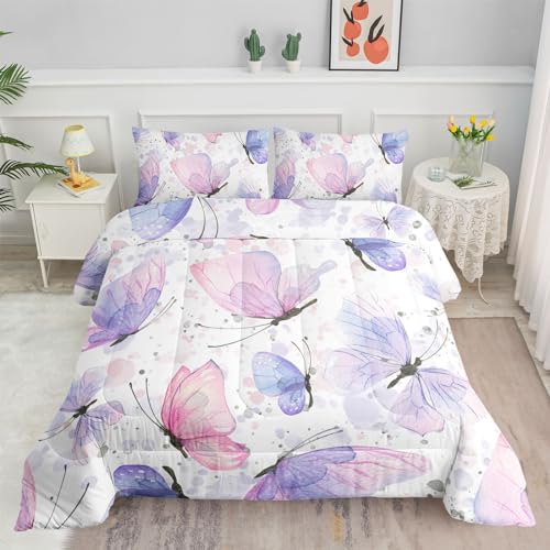 Smell Sunshine Kids Comforter Set Butterflies Printed Pattern Bedding Set with 1 Comforter and 2 Pillowcases for Girls Boys Bedroom All Season(Butterflies Twin)