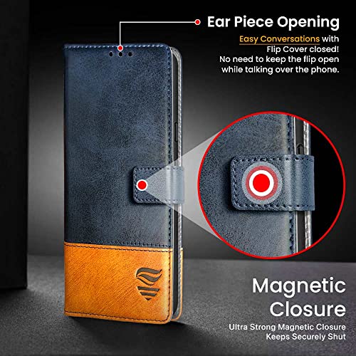 Image of FLIPPED Vegan Leather Flip Case Back Cover for Google Pixel 6A (Flexible, Shock Proof | Hand Stitched Leather Finish | Card Pockets Wallet & Stand | Irish Blue with Tanned Oak)
