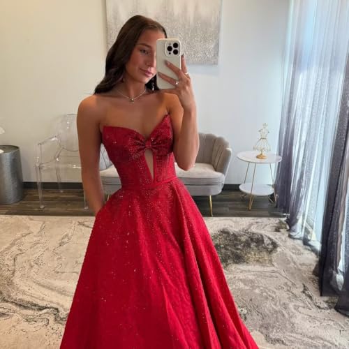 Bow Rhinestone Prom Dresses 2025 Diamonds Long Ball Gown Cut-Out A-Line Luxury Strapless Formal Party Gowns4